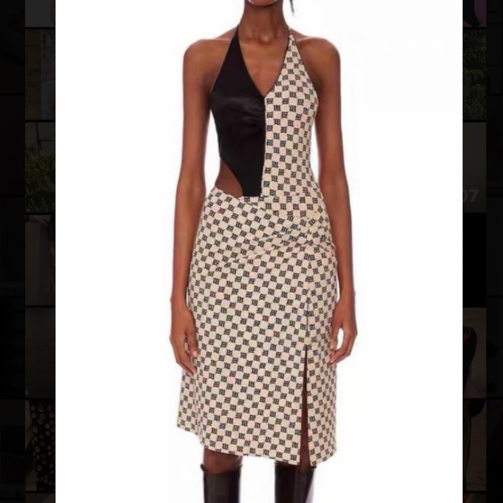 MISBHV Limited Khaki + Black Monogram Asym Halter One-Piece + Draped Skirt – NEW